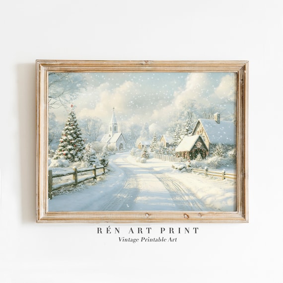 Snowy Christmas Village Street Church Tree Vintage Holiday Print