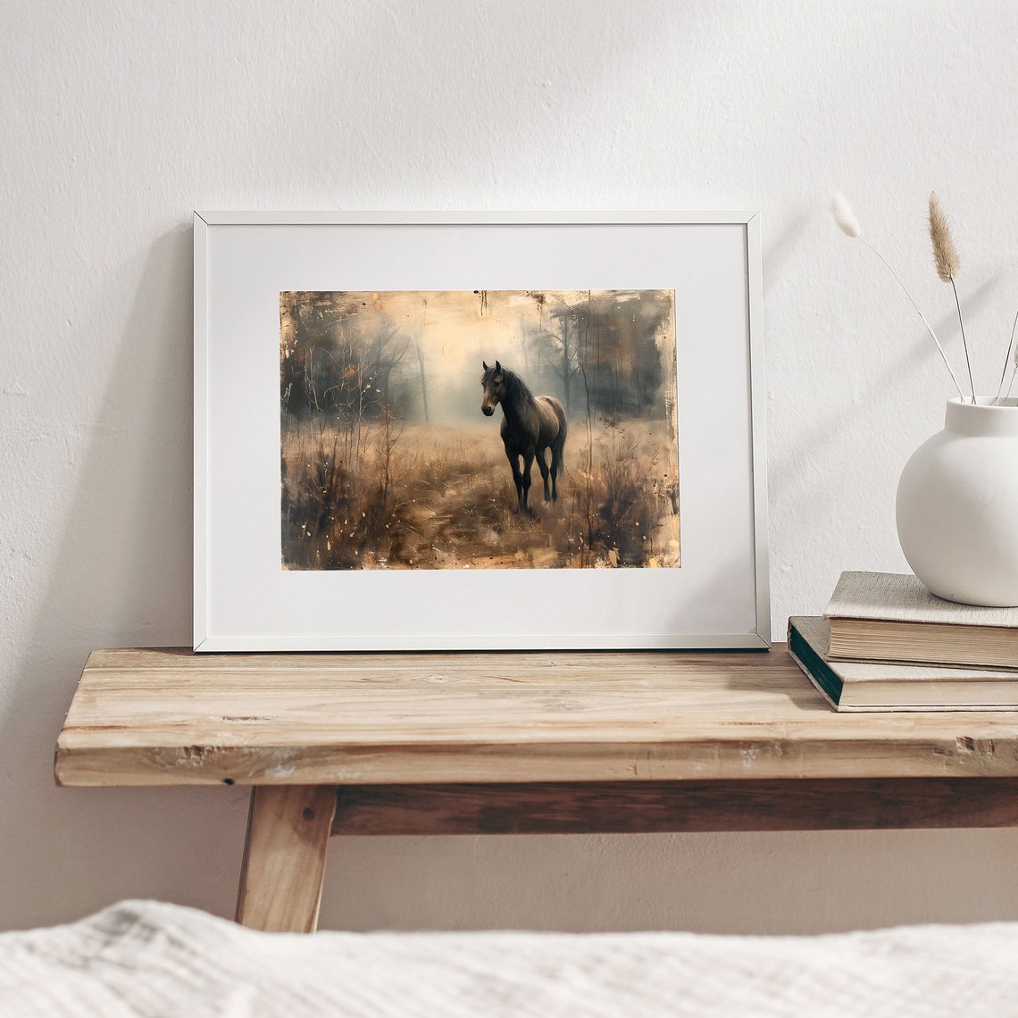 Dark Horse in Misty Autumn Field Rustic Vintage Equestrian Art Print - Image 2