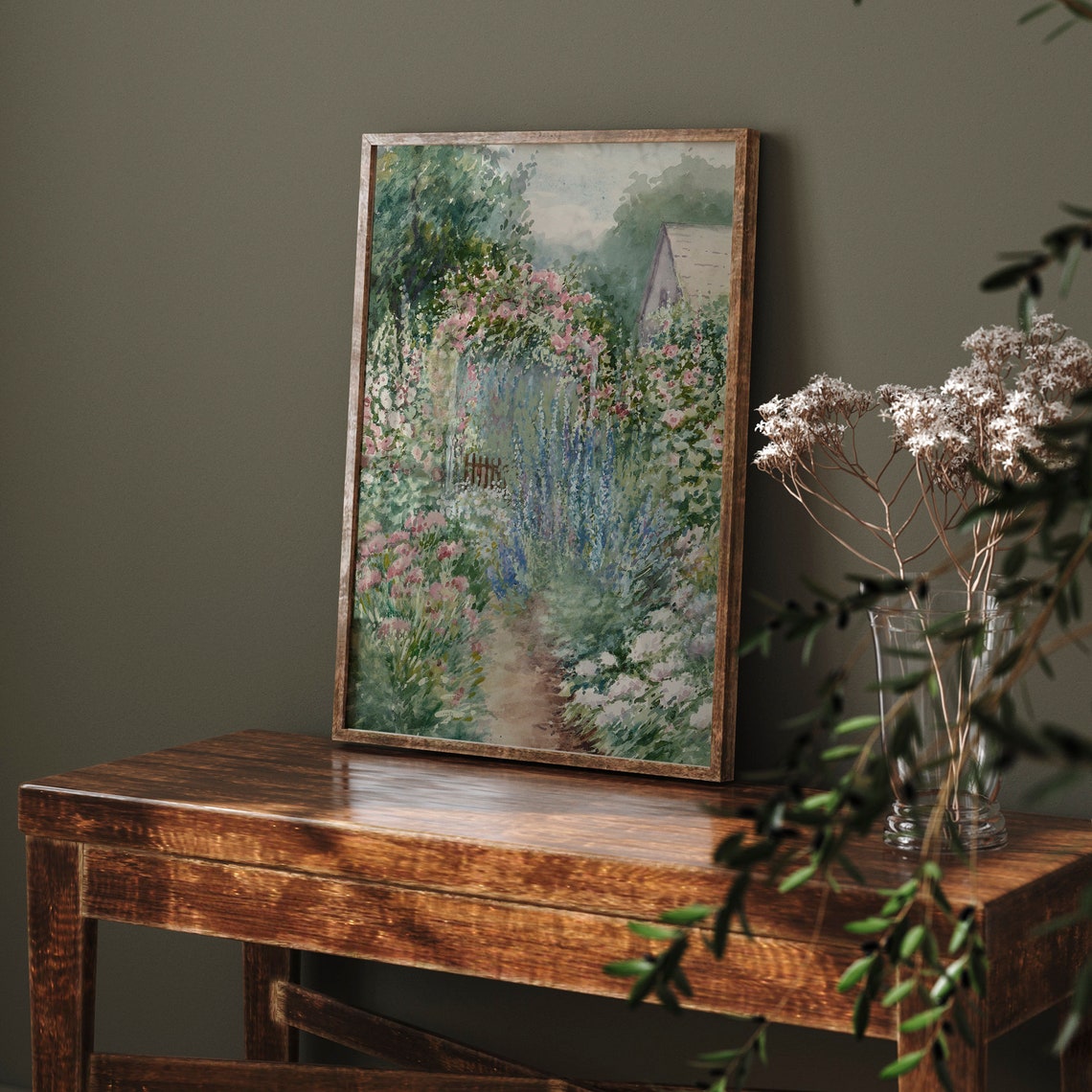 Antique Summer Print Vintage Landscape Painting Farmhouse Wall Art Summer Garden Painting Country Decor Flower Garden Art - Image 3