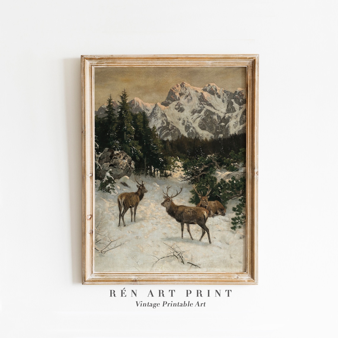 Vintage Winter Landscape Deer Print, Rustic Christmas