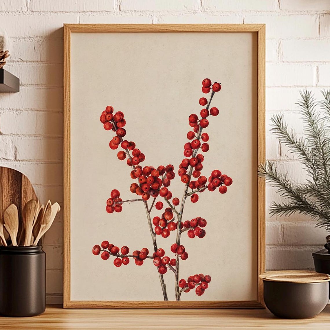 Red Winterberry Branches Vintage Botanical Christmas Art Print - Image 2