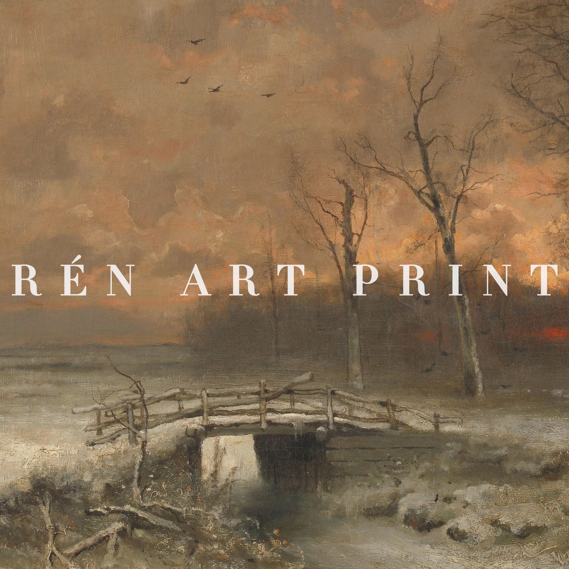 Moody Winter Landscape with Wooden Bridge at Sunset Vintage Print - Image 3