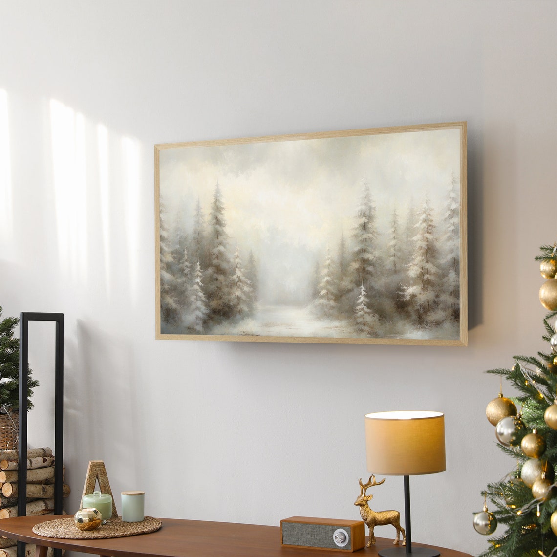 Ethereal Misty Snowy Pine Forest Foggy Winter Trees Vintage Wall Art - Image 2