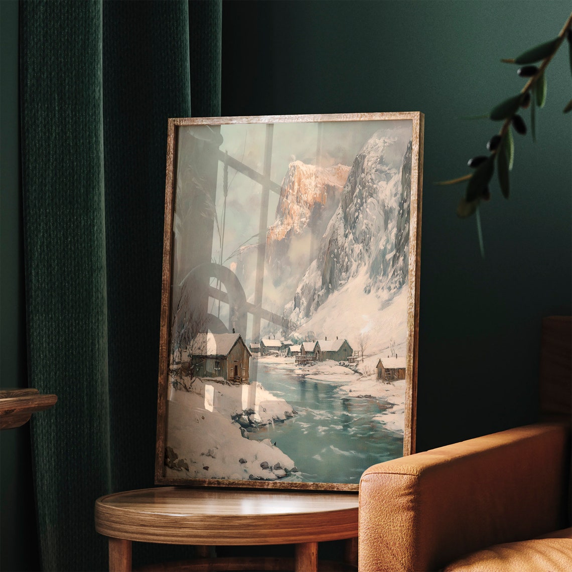 Winter Landscape Wall Art Snowy Mountain Painting Vintage Winter Painting Farmhouse Christmas Decor Snowy Village Print - Image 2