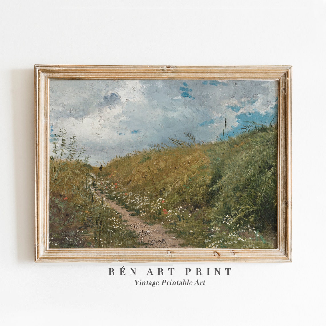 Summer Country Lane Wildflower Meadow Cloudy Sky Vintage Wall Art