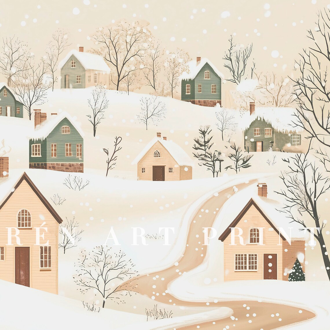 Cozy Snowy Hillside Village Pastel Winter Town Vintage Wall Art - Image 3