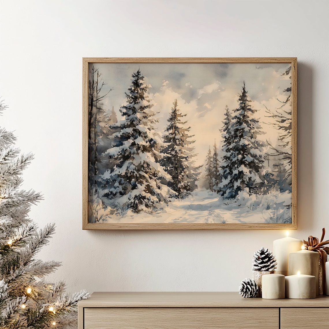 Vintage Winter Pine Forest Art Print, Rustic Holiday - Image 2
