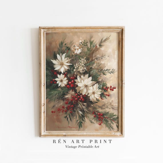 Christmas Botanical Floral Wall Art, Vintage Holiday