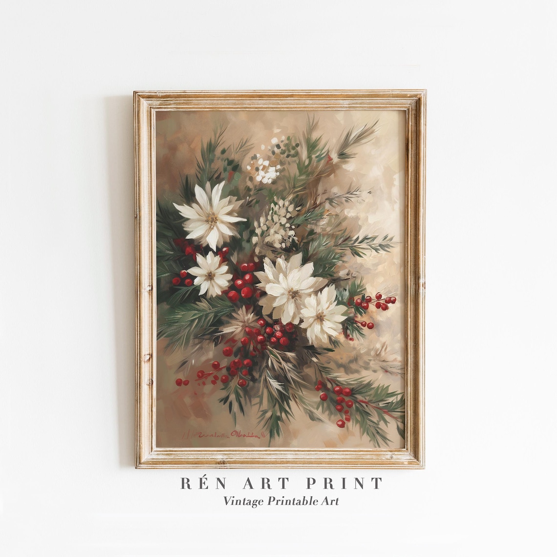 Christmas Botanical Floral Wall Art, Vintage Holiday