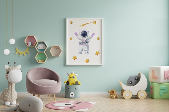 Happy Astronaut Stars Watercolor Girl Space Nursery Decor Poster