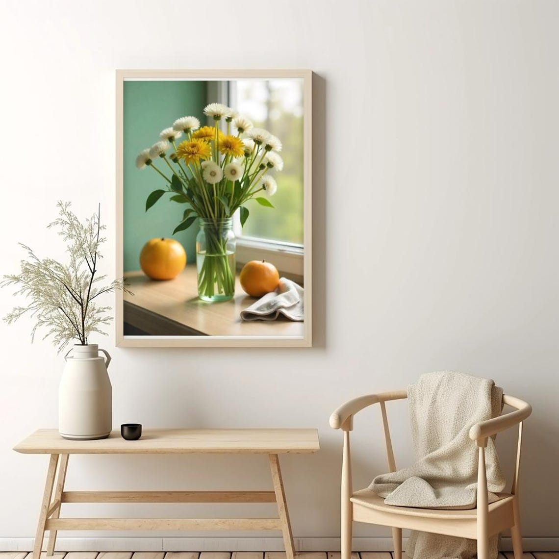 White Daisy And Yellow Bloom Bouquet In Glass Vase Kitchen Poster