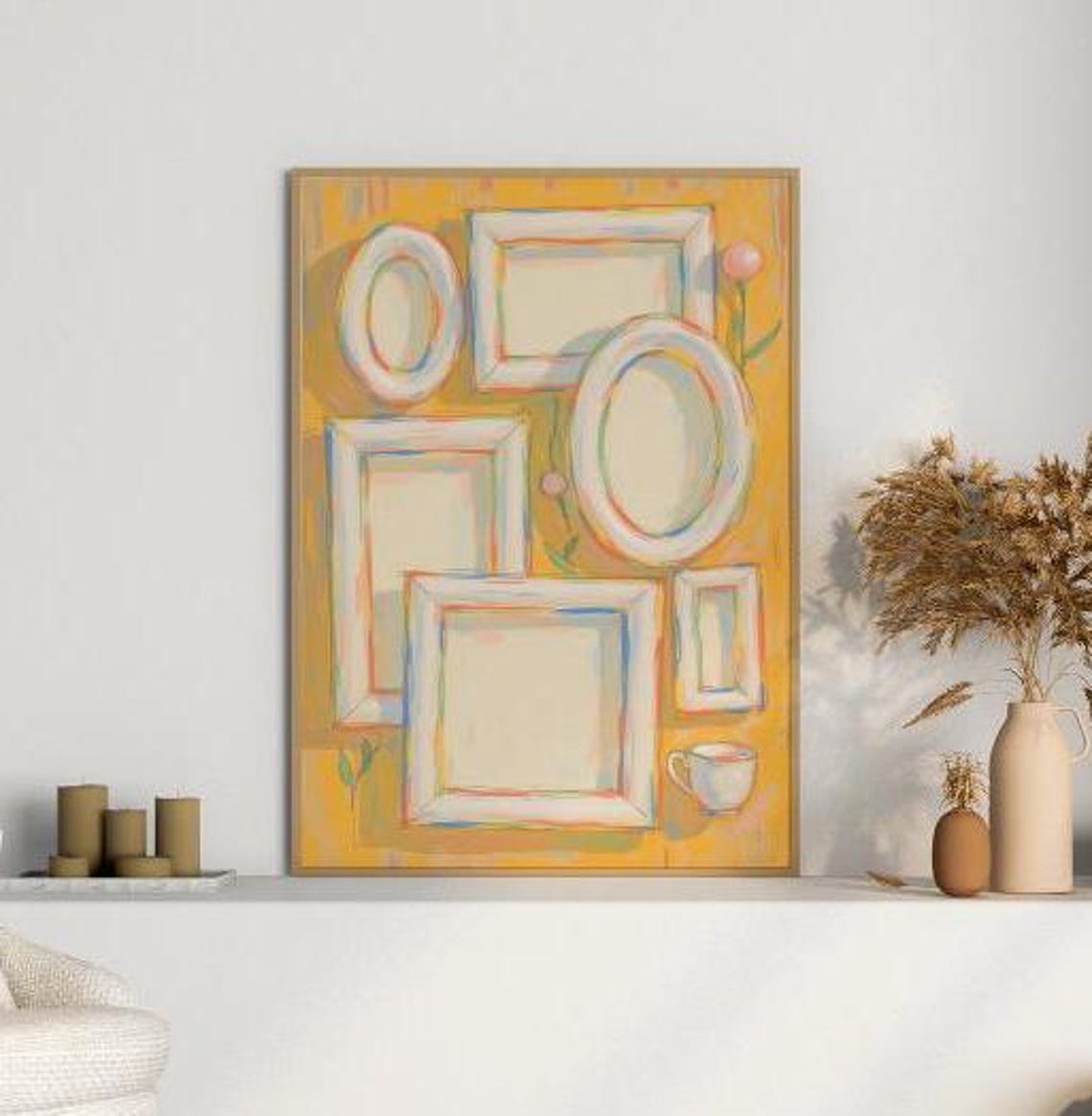 Empty Frame Collage With Teacup on Golden Yellow Modern Art Poster