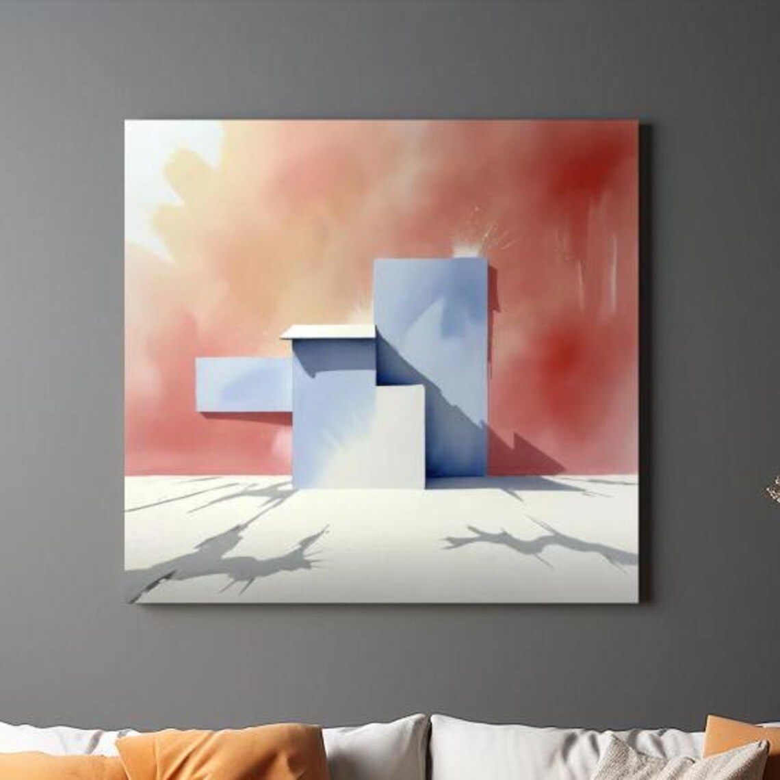 Blue Cube Doorway on Coral Background Abstract Modernist Art Poster - Image 2