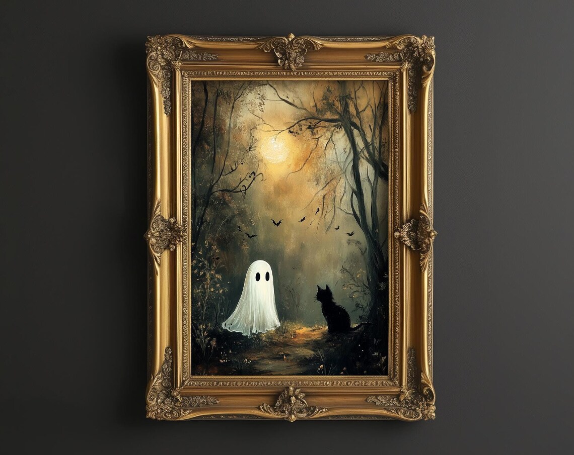 Cute Halloween Black Cat Vintage Cottage Art Print