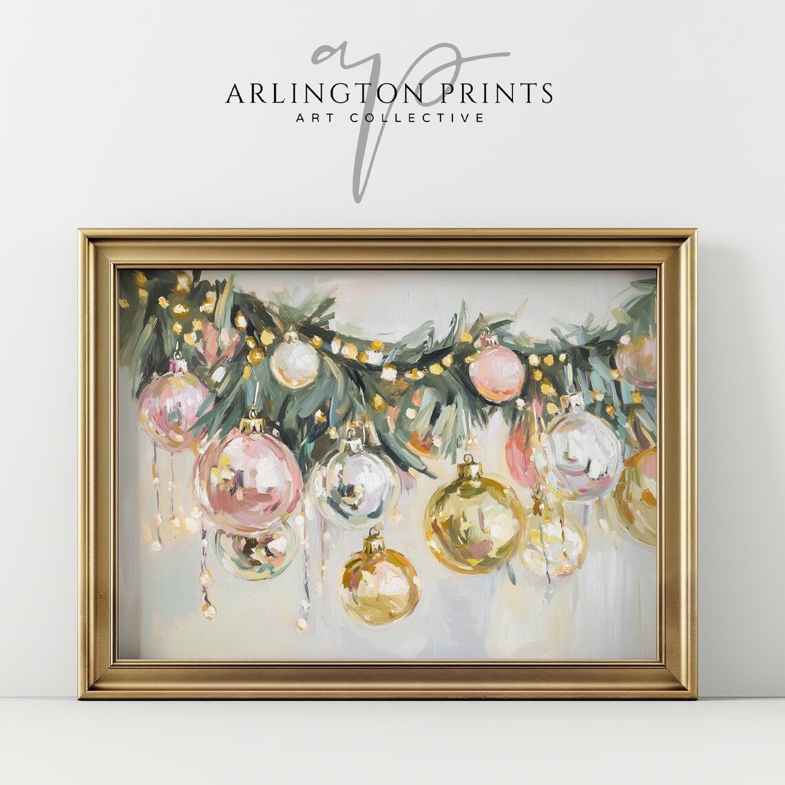 Golden Pink Christmas Garland Art Print, Holiday Lights