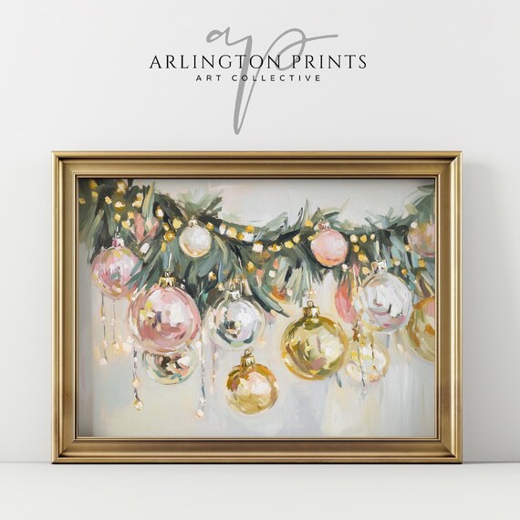 Golden Pink Christmas Garland Art Print, Holiday Lights