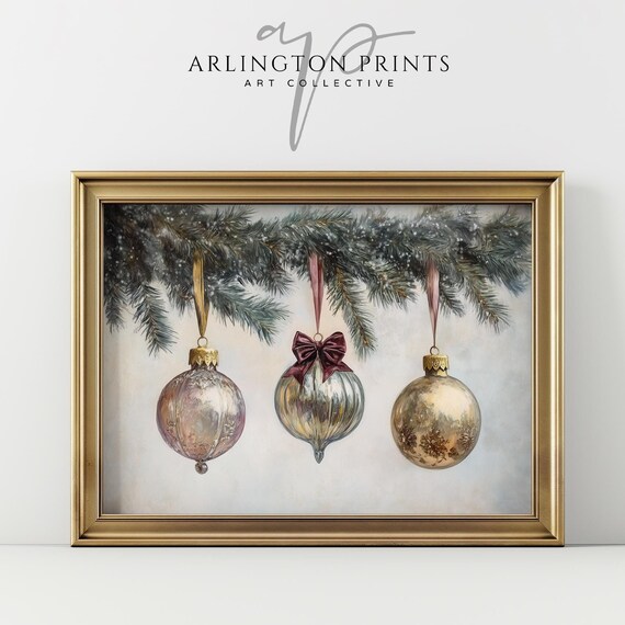 Vintage Golden Christmas Ornaments Pine Branch Holiday Print