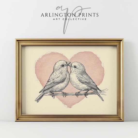 Cute Pink Heart Love Birds Vintage Bird Print