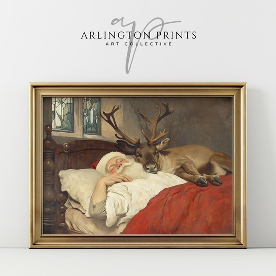 Sleepy Reindeer Vintage Christmas Art Print