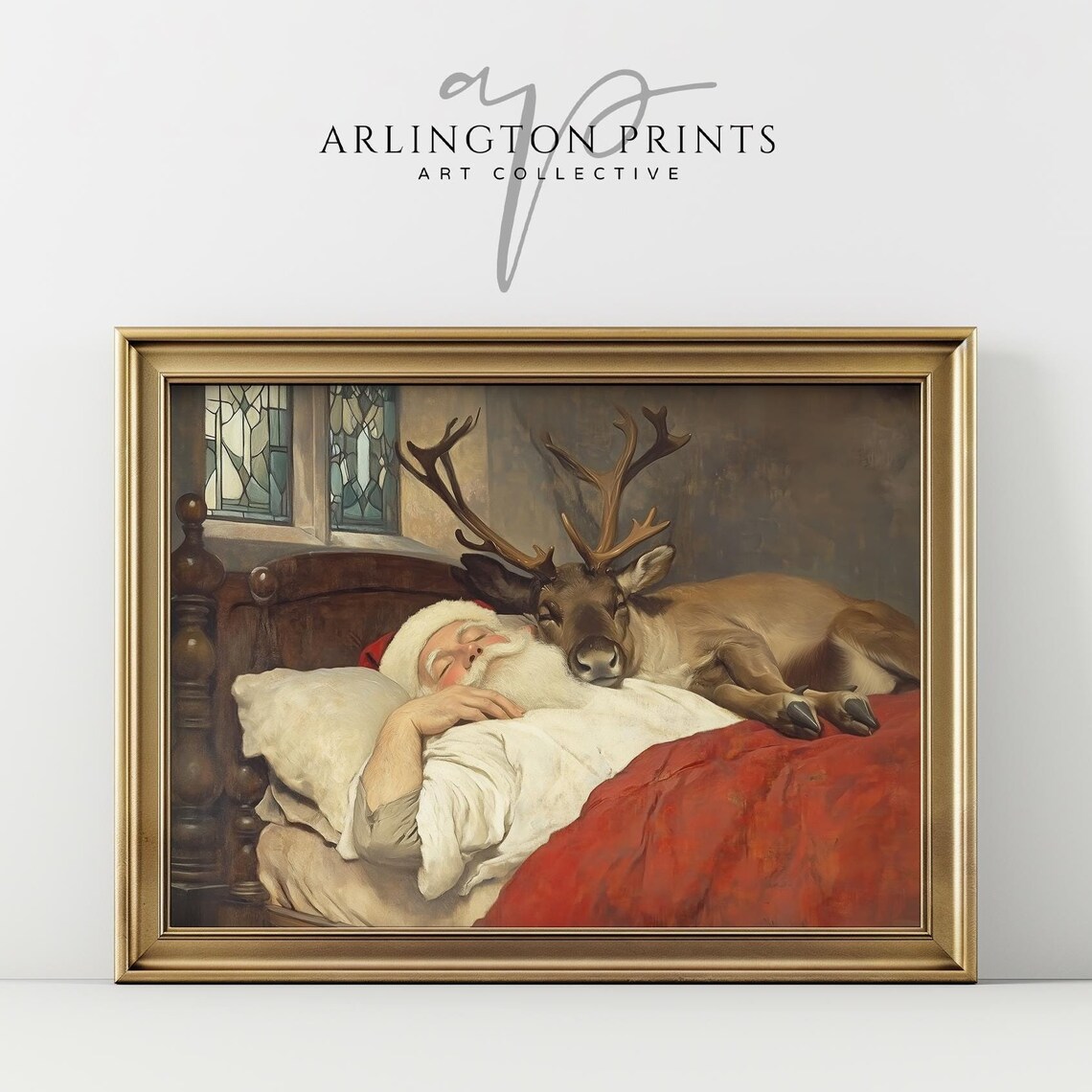 Sleepy Reindeer Vintage Christmas Art Print