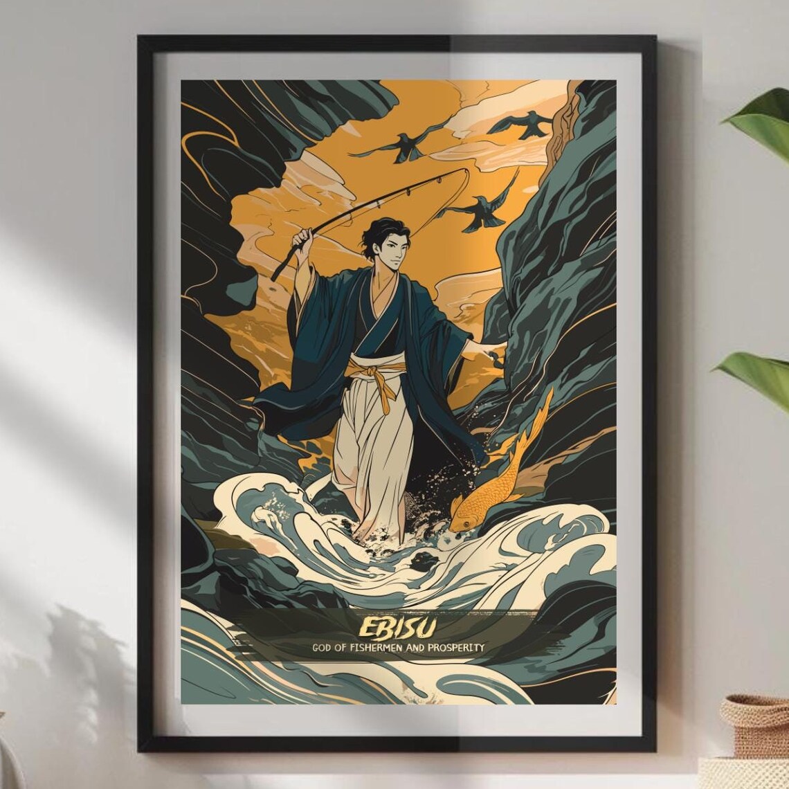 Ebisu Japanese God Of Fishermen Golden Koi Waves Sunset Art Poster