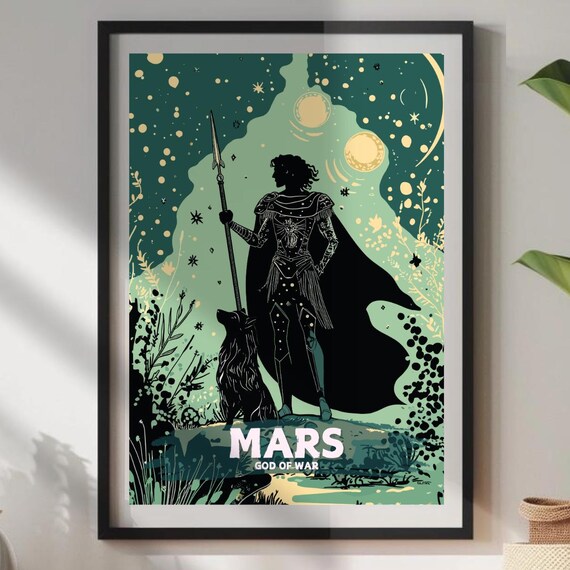 Mars Roman God of War Warrior Silhouette Wolf Moon Art Poster