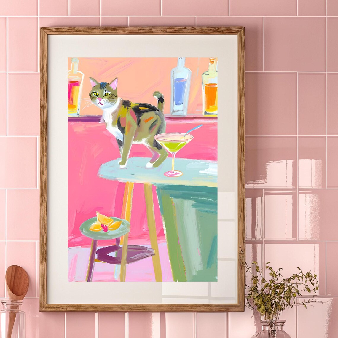 Cat Dancing Around the Drinks, Home Bar Art Print
