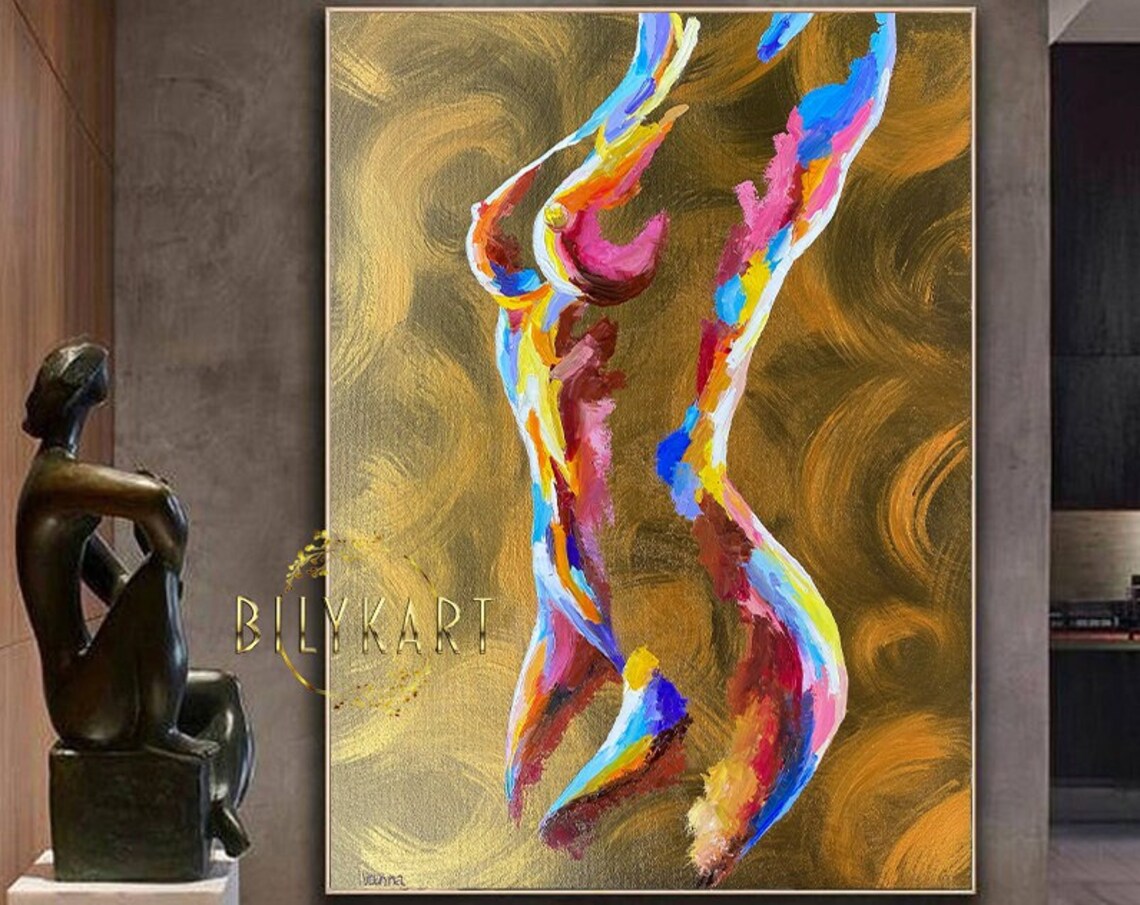 Abstract Colorful Nude Woman Figure Gold Background Art Print