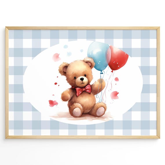 Blue Gingham Baby Room Dcor Teddy Bear Nursery Wall Art Cute Animal Kids Poster Gender Neutral Artwork