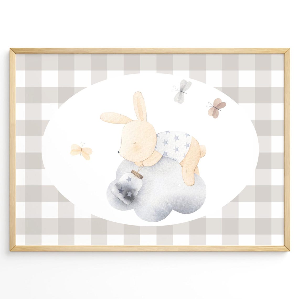 Sleeping Bunny Nursery Poster Neutral Gingham Baby Room Cloud