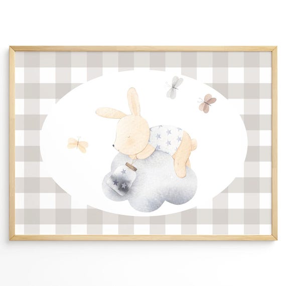 Neutral Gingham Baby Room Decor Sleeping Bunny Nursery Wall Art Cute Animal Kids Poster Gender Artwork