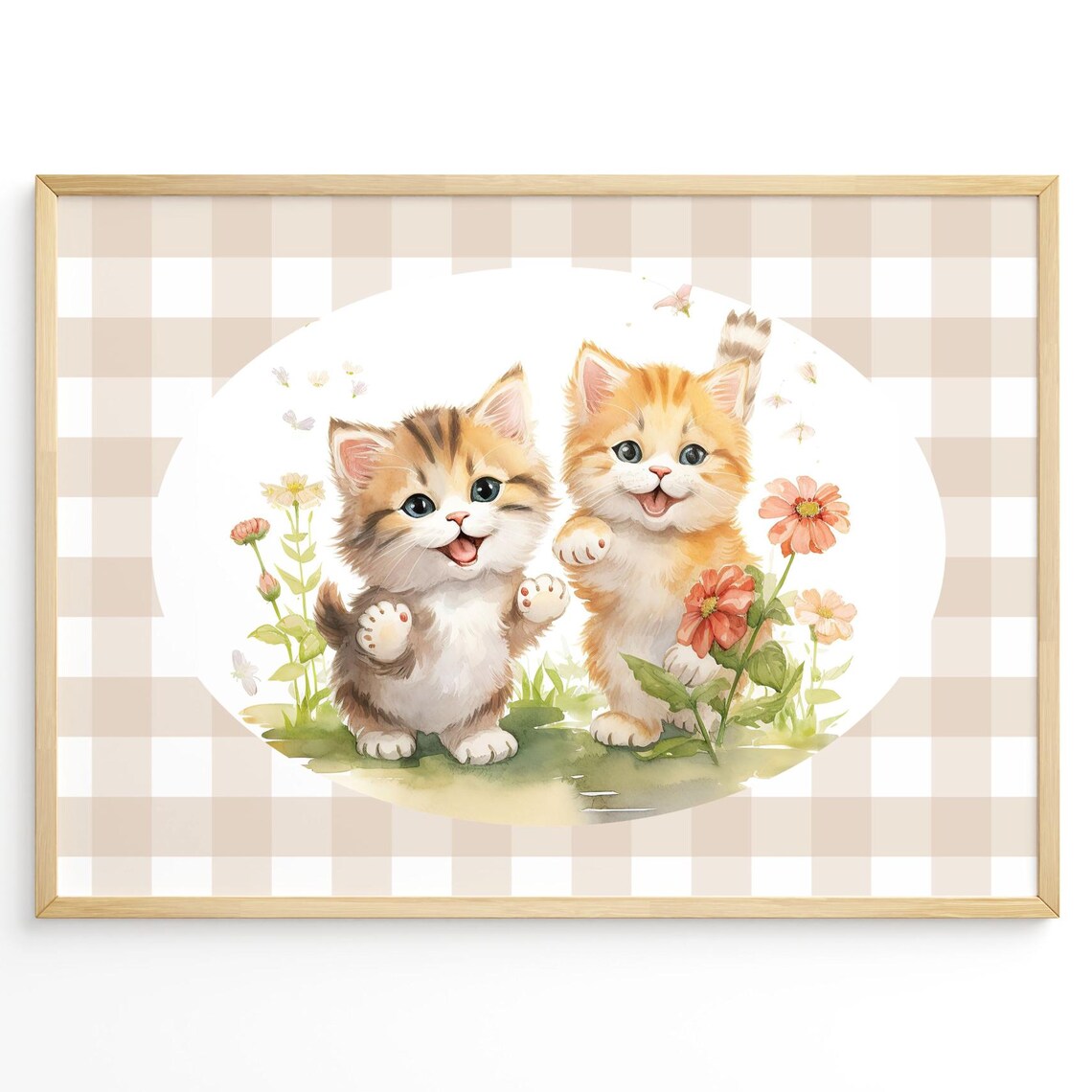 Two Cute Kittens Nursery Poster Floral Gingham Baby Room Animal Decor