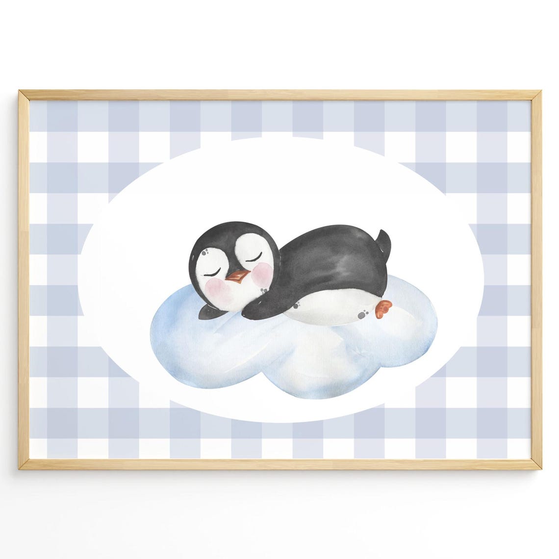 Sleeping Baby Penguin on a Cloud Watercolor Nursery Decor Poster