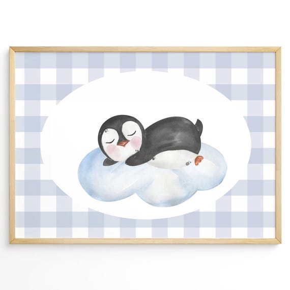 Blue Gingham Baby Room Decor Sleeping Penguin Nursery Wall Art Cute Animal Kids Poster Gender Neutral Artwork