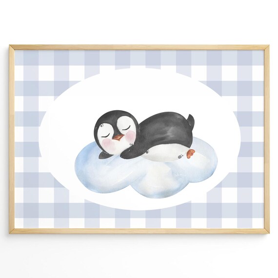 Sleeping Baby Penguin on a Cloud Watercolor Nursery Decor Poster