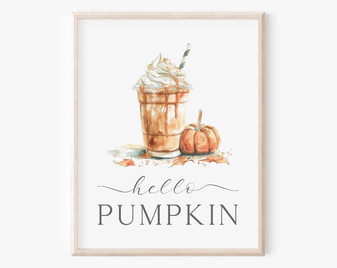 Hello Pumpkin Fall Coffee Frappe Watercolor Kitchen Sign Poster