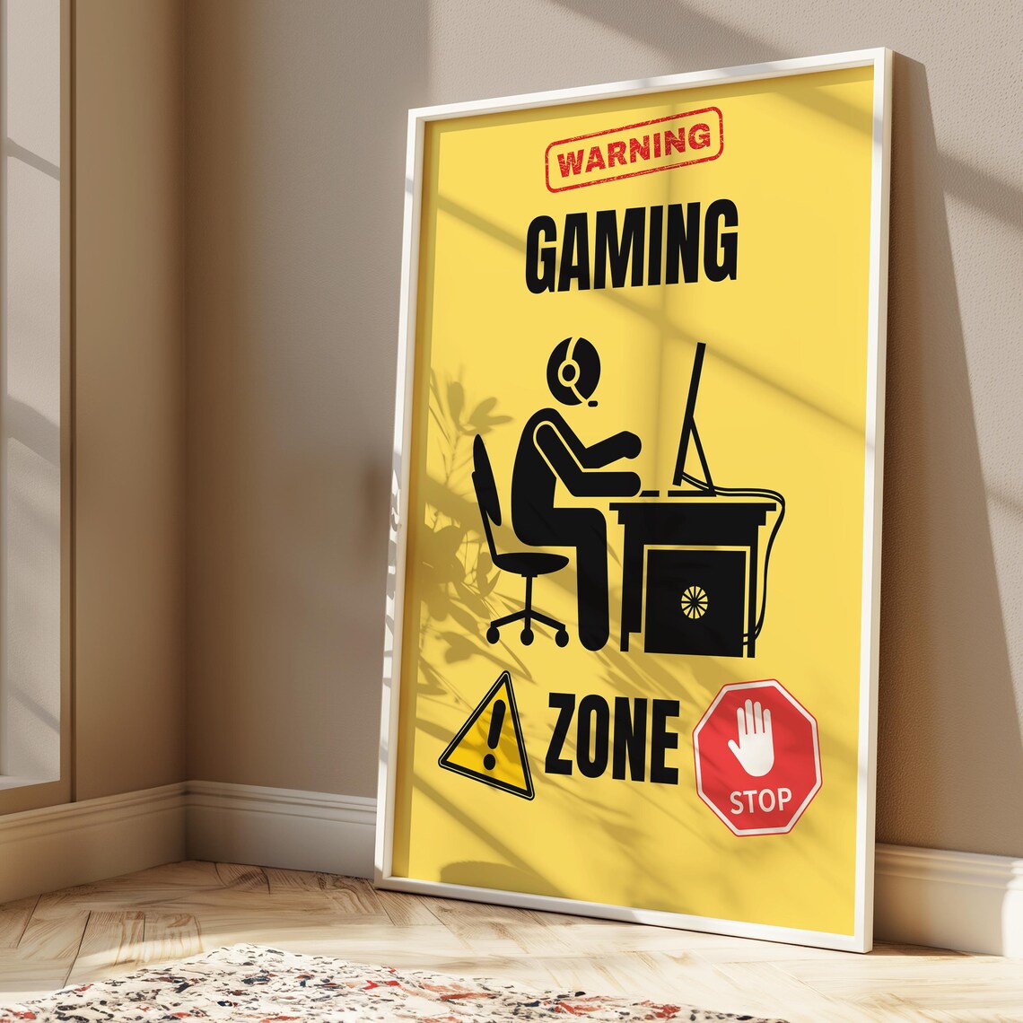 Warning Gaming Zone Yellow Gamer Room Decor Graphic Art Poster