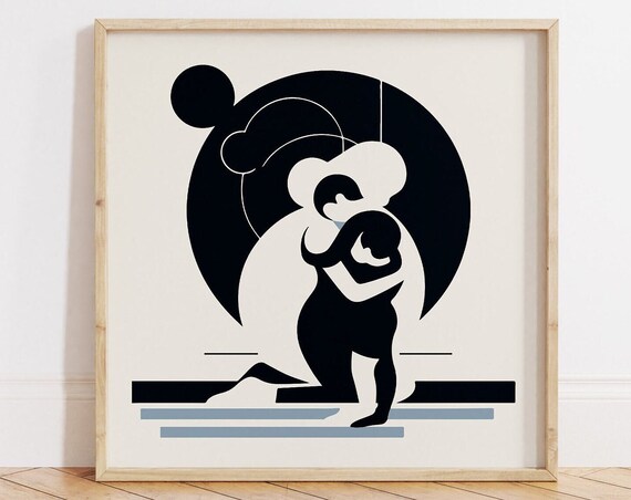 Abstract Motherhood Black White Mother Hugging Children Art Print