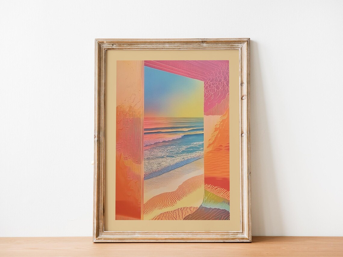 Pastel Sunset Beach View Through Door Dreamy Ocean Art Poster - Image 2
