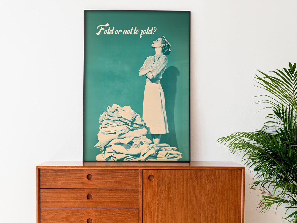 Fold Or Not To Fold Vintage Laundry Woman Teal Retro Art Poster - Image 3