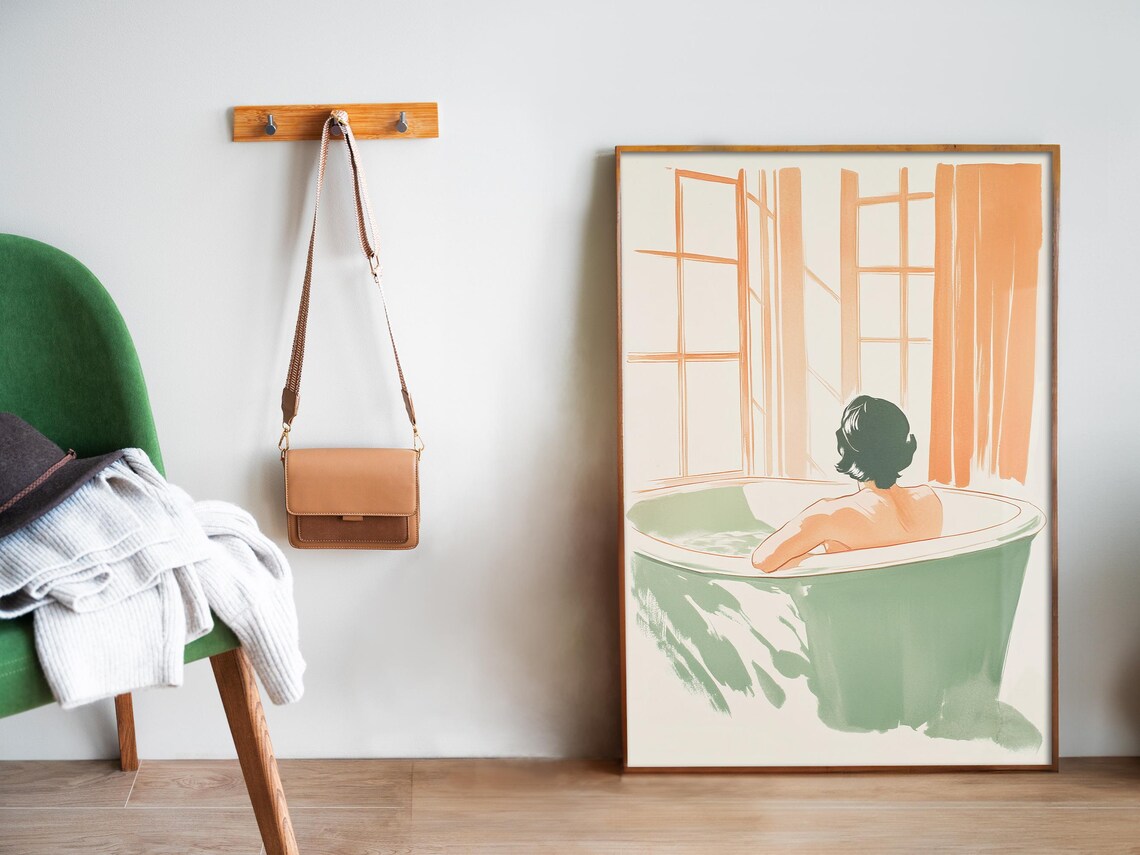 Woman Relaxing In Bathtub Sage Green Watercolor Self Care Poster - Image 4