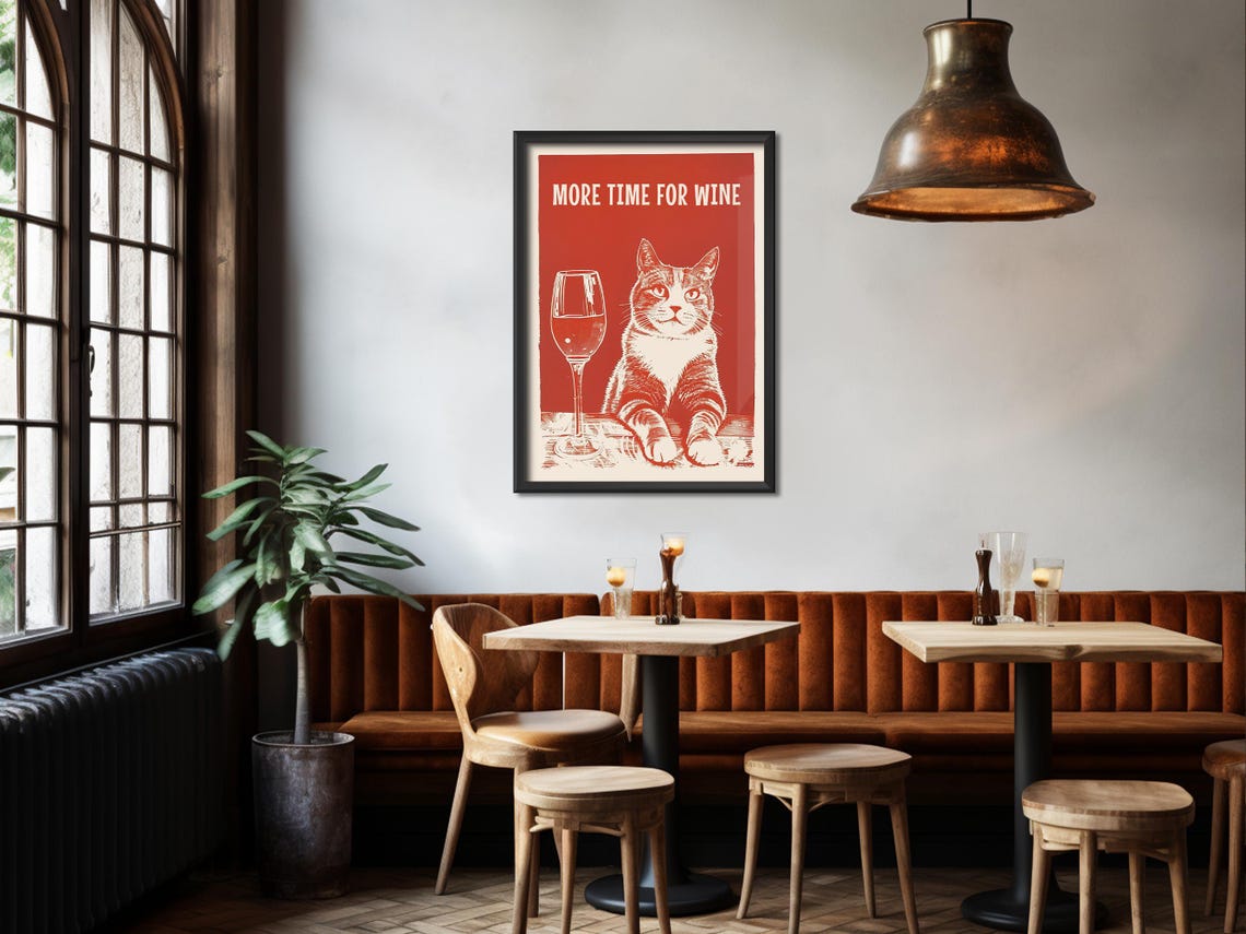 More Time For Wine Funny Tabby Cat With Glass Red Retro Kitchen Poster - Image 4