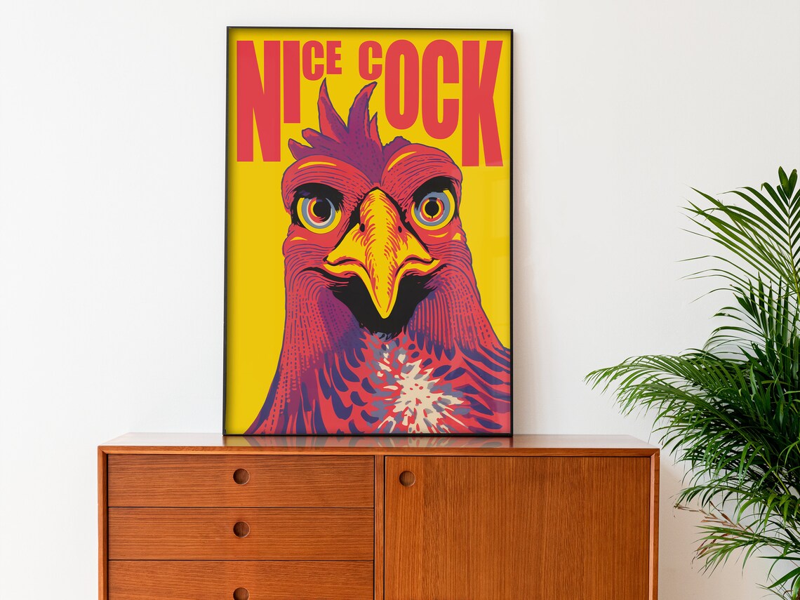 Nice Cock Funny Rooster Portrait Yellow Pop Art Bathroom Poster - Image 2