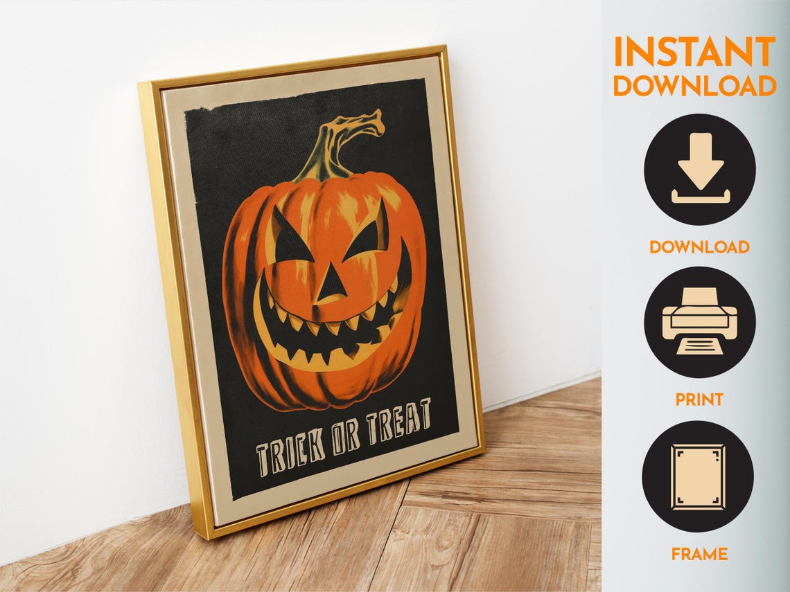 Retro Trick Or Treat Jack O Lantern Black Orange Halloween Poster - Image 4