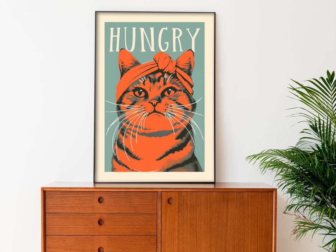 Hungry Cat Poster Kitchen Wall Art Funny Poster Blue And Orange Cat Print Gift For Cat Mom Kitchen Art Print Cat - Image 2