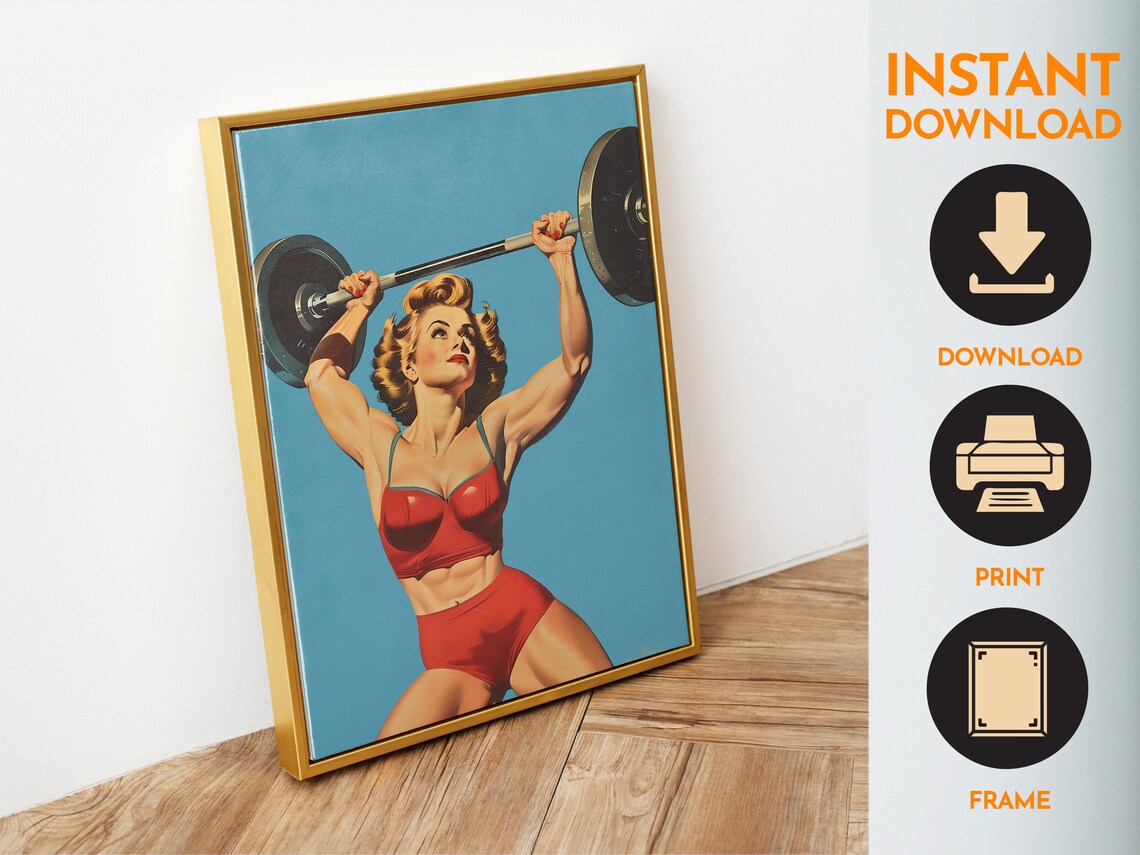 Retro Gym Poster Home Gym Wall Art Female Gym Print Heavy Lifting Art Blue Workout Print Retro Posters Fitness Art Print - Image 6
