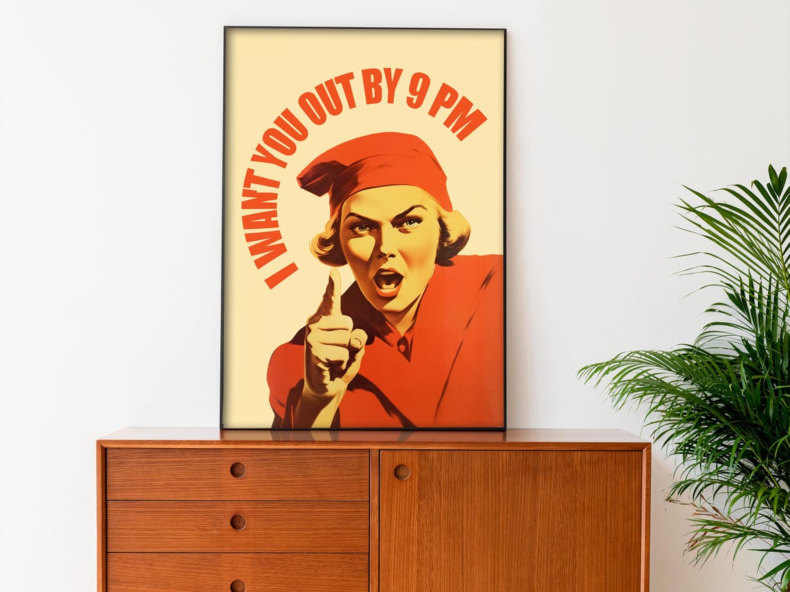 I Want You Out By 9 PM Pointing Retro Woman Funny House Rules Poster - Image 3