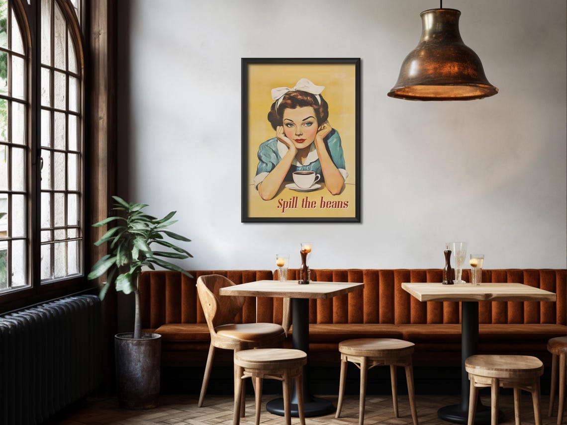 Spill The Beans Vintage Retro Woman With Coffee Cup Kitchen Poster - Image 4