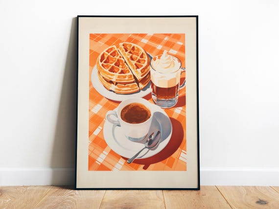Retro Food Wall Print Coffee And Waffles Art Kitchen Wall Art Cute Breakfast Print Coffee Shop Wall Decor Bakery Art Vintage Vibe
