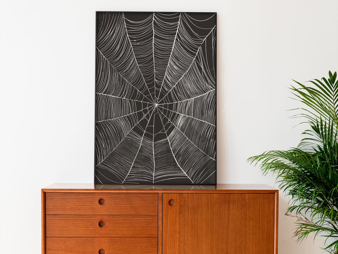 White Spider Web on Black Minimalist Spooky Halloween Art Poster - Image 2